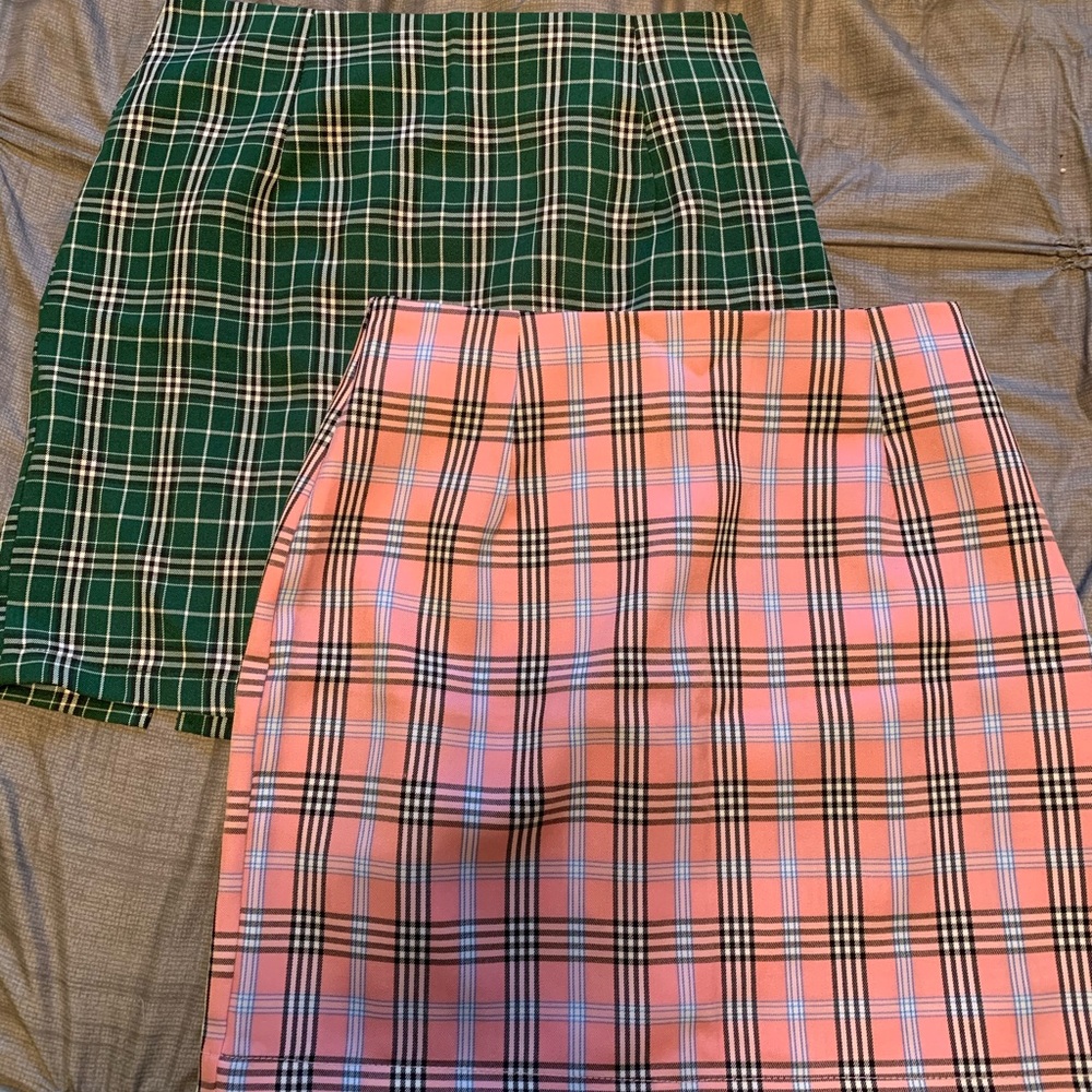 green and pink plaid skirt